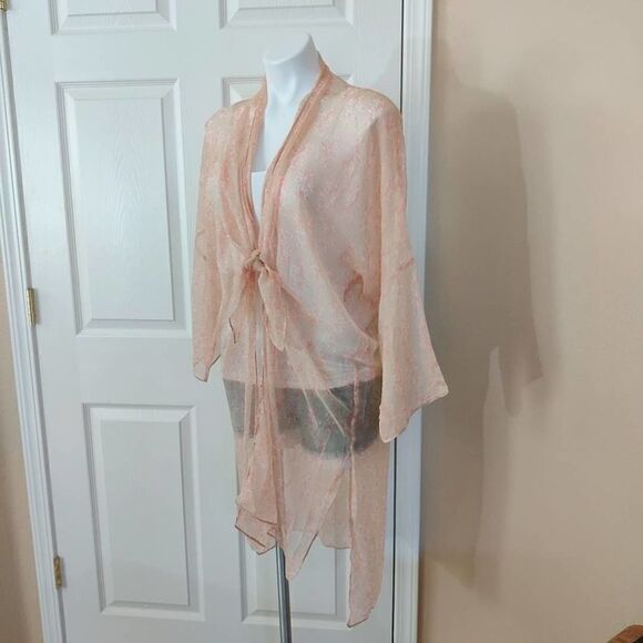 Vince Camuto sheer long silky floral open front drop shoulder kimono cardigan OS - Picture 5 of 11